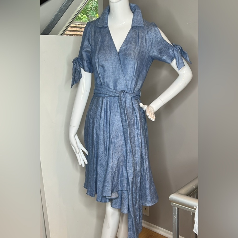 Milly Sz 2 Linen Chambray Blue Valerie Cold Shoulder Wrap Dress